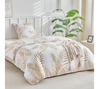 Tokokimo Duvet Cover 140 x 200 cm with 2 Pillowcases 65 x 65 cm - Tropical Palm Leaf Pattern in Gold - 100% Microfibre Bed Linen 140 x 200 cm with Zips, White
