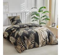 Tokokimo Duvet Cover 140 x 200 cm with 2 Pillowcases 65 x 65 cm - Tropical Palm Leaf Pattern in Gold - 100% Microfibre Bed Linen 140 x 200 cm with Zips, Black