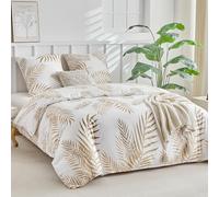 Tokokimo Duvet Cover 240 x 260 cm with 2 Pillowcases 65 x 65 cm - Tropical Palm Leaf Pattern in Gold - 100% Microfibre Bed Linen 240 x 260 cm with Zips, White