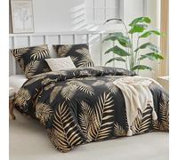 Tokokimo Duvet Cover 240 x 260 cm with 2 Pillowcases 65 x 65 cm - Tropical Palm Leaf Pattern in Gold - 100% Microfibre Bed Linen 240 x 260 cm with Zips, Black