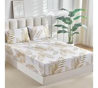 Tokokimo Fitted Sheet 160 x 200 cm 2 People, 35 cm Hat with 2 Pillowcases 65 x 65 cm Soft Microfibre Fitted Sheet with Tropical Leaf Pattern, White