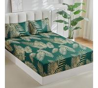 Tokokimo Fitted Sheet Double 160x200 cm, Soft Microfiber with 2 Pillowcases 50x80 cm, Tropical Leaves Print, 35 cm Elasticized Depth, Dark Green