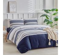 Tokokimo King Size Duvet Cover Sets 4 Piece Dark Blue Bedding Set with Fitted Sheet - Soft Microfiber King Size Bedding (1x Duvet Cover, 2x Pillowcases, 1x 40cm Deep Fitted Sheet) Dark Blue Stripe