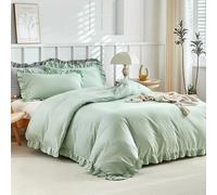 Tokokimo Ruffle Duvet Cover Double - Sage Green Bedding Set, Soft Microfiber Double Duvet Set with 2 Pillowcases for Bed Frilly Duvet Covers 200x200 cm Bedding Gifts, Green/Ruffled