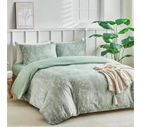 Tokokimo Super King Duvet Set 4 Piece Sage Green Bedding Set with Fitted Sheet - Floral Pattern Soft Microfiber Duvet Cover Sets (1x Duvet Cover, 2x Pillowcases, 1x 40cm Deep Fitted Sheet)