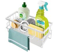 TOKPLNU Kitchen Sink Caddy, Metal Sponge Holder for Kitchen Storage Rack,KitchenTidy Sink Organiser with Self Drain Tray & Dishcloth Hanger,Washing Up Utensil Caddy for Bathroom, White