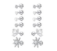 TOKRING 6-7 Pairs Flatback Stud Earrings Set 20G Stainless Steel Cartilage Earrings for Women Silver Ear Piercing Jewelry Threaded Screw Back Style, Stainless Steel, Cubic Zirconia