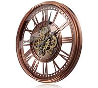 TOKTEKK 28 inch Large Wall Clock with Real Moving Gears, Battery Operated Modern Metal Decorative Oversize Industrial Steampunk Wall Clock for Living Room Decor(Roman Red Bronze)