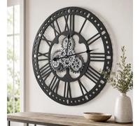 TOKTEKK 60cm Large Decorative Wall Clock with Real Moving Gears, Battery Operated Retro Roman Numeral Clock, Easy to Read for Living Room/Farmhouse/School Decor (Rome Black)