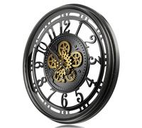TOKTEKK 70cm Large Wall Clock with Real Moving Gears, Battery Operated Modern Metal Decorative Wall Clock, Oversize Industrial Steampunk Wall Clock for Living Room Decor(Black Gold Arabic)