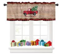 Tokusyou Christmas Net Curtain Decorative Christmas Curtain for Kitchen Curtain Truck Christmas Tree Snowflakes Pattern Opaque Bistro Curtains for Bedroom W 137 × H 45 cm