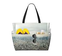 Tokyo Bird Eye View Print Large Waterproof Beach Tote Bag for Women with Zip and Pockets Foldable Handbag for Travel Pool Shopping Holiday Gym