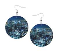 Tokyo City Print Piercing Round Leather Earrings Set 1 Pair Stylish Leather Earrings Dangle Hoop For Women Jewelry Gifts