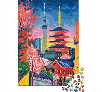 Tokyo Cityscape with Tower And Pagoda 1000 Piece Jigsaw Puzzle, Modern City Skyline, Interlocking Paper Pieces, Mindful Activity for Adults, 52x38cm/1000pcs