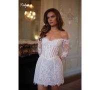 Tokyo Customized White Off the Shoulder Wedding Dresses Lace Long Sleeve Back Lace-Up Bridal Gowns Flower Mini Wedding Gowns WHITE