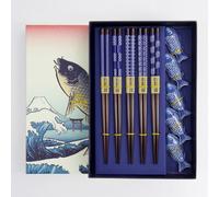 Tokyo Design Studio 5-Pair Chopstick Gift Set with Fish Chopstick Rests - Blue & White Japanese Porcelain Rests and Wooden Chopsticks - Gift Boxed