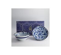 TOKYO design studio Bowl Set Japan Flower - 2 Piece Large Japanese Porcelain Bowls, 19cm, Blue & White Floral Design, Handmade in Japan, Gift Boxed