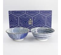 TOKYO design studio Mixed Ramen Bowl Gift Set - 2 Large Porcelain Bowls 1000ml - Made in Japan - Blue & White Patterns - Microwave & Dishwasher Safe - Gift Boxed