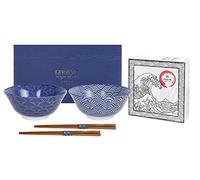 TOKYO design studio, Nippon Blue, Set of 2 bowls blue-white, Ø 15 cm, approx. 500 ml, Asian porcelain, Japanese design with geometric patterns, incl. 2 pairs of chopsticks & gift box