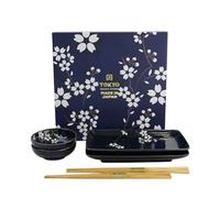 Tokyo Design Studio Sushi Set Cobalt Blue Sakura - 6 Piece Japanese Porcelain Gift Set with Chopsticks, Handmade in Japan, 2 Plates & 2 Bowls, Gift Boxed