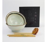 TOKYO design studio Wasabi Ramen Bowl Set - 6 Piece Japanese Porcelain Gift Set, Large 1300ml Bowls with Chopsticks & Spoons, Beige, 21.5cm