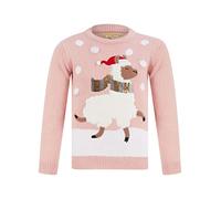 Tokyo Laundry Girls Xmas Lama LED Light Up Novelty Christmas Jumper in Pink Almond Blossom - Merry Christmas Kids (4-12yrs) - 4-5 Years