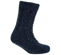Tokyo Laundry Leven Borg Lined Chunky Cable Knit Slipper Socks in Navy Nep