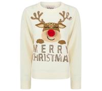 Tokyo Laundry Women’s Happy Rudolph Motif Novelty Sequinned 3D Pom Pom Christmas Jumper in Gardenia - Merry Christmas - 12