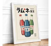 Tokyo Ramune Trio Vintage Framed Wall Art Print A1 (84.1×59.4cm) White, Wall Decor for Living Room, Bedroom, Office & Home, Ready to Hang, Art Gift