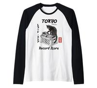 Tokyo Record Store Cat, Vintage Japanese Vinyl Music Anime Raglan Baseball Tee