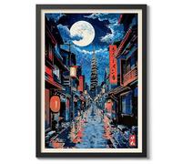 Tokyo Red Light Anime Woodblock Poster Modern Ukiyo-E, Japanese Cartoon Illustration Print, Archival Matte, A4 (Black Frame) - 29.7x21cm