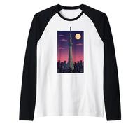 Tokyo Skytree Night City Skyline Japan Retro Moon Art Travel Raglan Baseball Tee