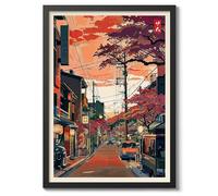 Tokyo Suburb Anime Woodblock Poster Modern Ukiyo-E, Japanese Cartoon Illustration Print, Archival Matte, A4 (Black Frame) - 29.7x21cm