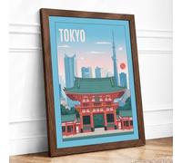 Tokyo: Temple and Sky Vintage Framed Wall Art Print A1 Walnut