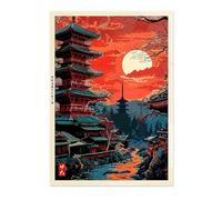 Tokyo Temple Anime Woodblock Poster Modern Ukiyo-E, Japanese Cartoon Illustration Print, Archival Matte, A3 (Print Only) - 42x29.7cm