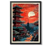 Tokyo Temple Anime Woodblock Poster Modern Ukiyo-E, Japanese Cartoon Illustration Print, Archival Matte, A3 (Black Frame) - 42x29.7cm