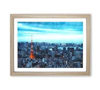 Tokyo Tower & Japan Skyline Painting Modern Art Framed Print | A2 Oak Framed Wall Art | Ready to Hang | Modern Cityscape Picture | Living Room Bedroom Lounge Office