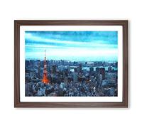 Tokyo Tower & Japan Skyline Painting Modern Art Framed Print | A4 Walnut Framed Wall Art | Ready to Hang | Modern Cityscape Picture | Living Room Bedroom Lounge Office