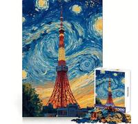 Tokyo Tower Starry Night Painting Teenagers 1000 Piece Jigsaw Puzzle Memory Gain Light Relax Design Assembly Wall Art Decor (38x26cm)
