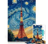 Tokyo Tower Starry Night Painting Teenagers 1000 Piece Jigsaw Puzzle Memory Gain Light Relax Design Assembly Wall Art Decor (38x26cm)