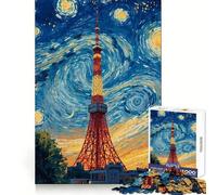 Tokyo Tower Starry Night Painting Teenagers Puzzles 1000 Piece Jigsaws Boost Recall Relax Time Accurate Edge Amazing Present (38x52cm)