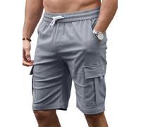 Tolaler Mens Cargo Shorts Summer Casual Elasticated Waist Work Shorts Combat Drawstring Fit with Multi Pockets Sports Outdoor Walking Hiking Silver Grey XXL