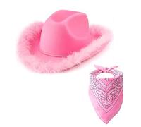 TOLASTO Cowboy Hat Women, Felt Fluffy Feather Trim Cowgirl Hat, + Hot Pink Bandana, Wide Brim Fancy Dress Cowgirl Hats with Heart Glasses Bandana Scarf for Halloween Birthday Bachelorette Party
