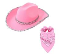 TOLASTO Women Cowboy Hat, Hot Pink Texan Cowgirl Hat With Sequins + Hot Pink Bandana : Adult Ladies Cowgirl Hats Western Themed Hen Night Fancy Dress Ladies Festival Cowboy Costume Accessories