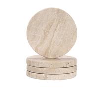 TOLIDA 4pcs 10 * 10cm Hexagonal Travertine Coasters with Soft Wood Pads - Natural Beige Marble Travertine Coasters, Travertine Stone Coasters for Drinks Coffees Cups, Home Office Decoration (Round)