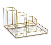 Tolida Gold Glass Combined Cosmetic Box with Stackable Makup Brush Holer and Jewelry Tray, Cosmetic Brush Eyeliner Display, Pen Pencil Holder with Mirrored Vanity Tray for Dresser Bathroom Bedroom