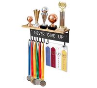 TOLIDA Metal Medal Display Shelf with Hooks - Wall Mounted Swimming Gymnastics Shelf Ribbon Display Hooks with 10pcs Clear Blank Plastic Pages Sheets, Awards Rack Organizer, Competition Medal Display