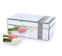 Tolida Mirrored Jewelry Box with Silver Crushed Diamonds, Glass Jewerly Box with Black Inner Velvet Necklaces Earrings Rings Storage Case for Dresser Desktop Party Brithday Gift, White Side Diamond