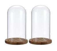 TOLIDA Pack of 2 Glass Dome with Natural Wooden Base Robust Decorative Glass Bell Table Top Displays for Lamps Candles Roses Decorations Antiques for Christmas Birthdays Valentine's Day