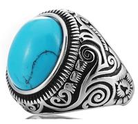 Tolldek 22 mm Stainless Steel Partner Rings Men's Retro Flower Pattern Turquoise Couple Rings Engagement Ring Punk Rock Green, stainless steel, No cubic zirconia